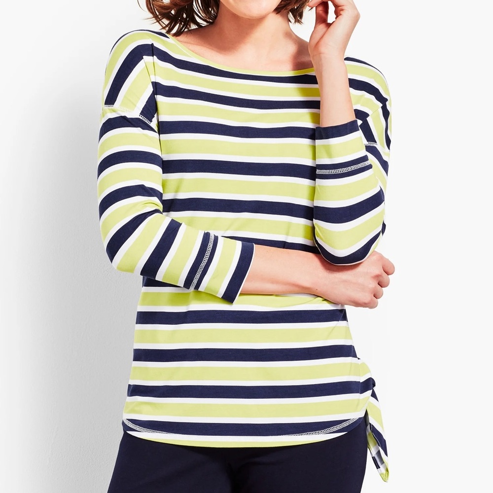 T By Talbots Women S Lime Green Navy 3/4 Sleeves UPF 50+ Zingy Stripe Jersey Top